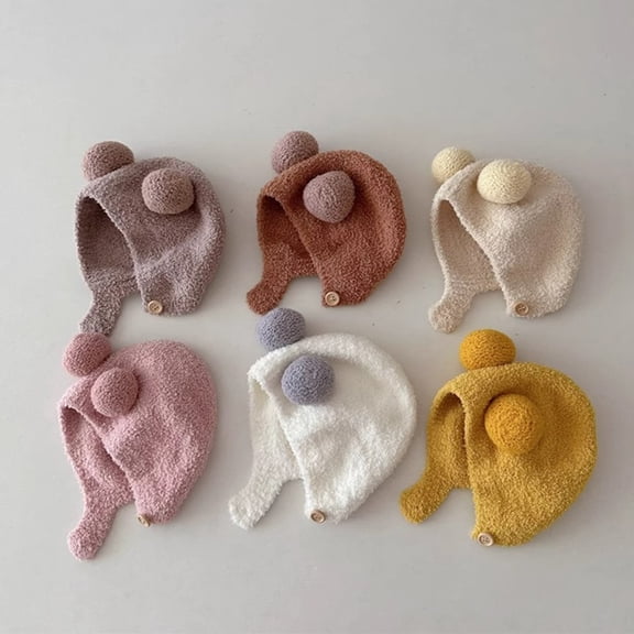 Joernso Cute Winter Warm Kids Girl Boys Baby Hat Fleece Hat with Ball Decor Patchwork Color Ear Protection Hat Soft Newborn Bonnet Hat