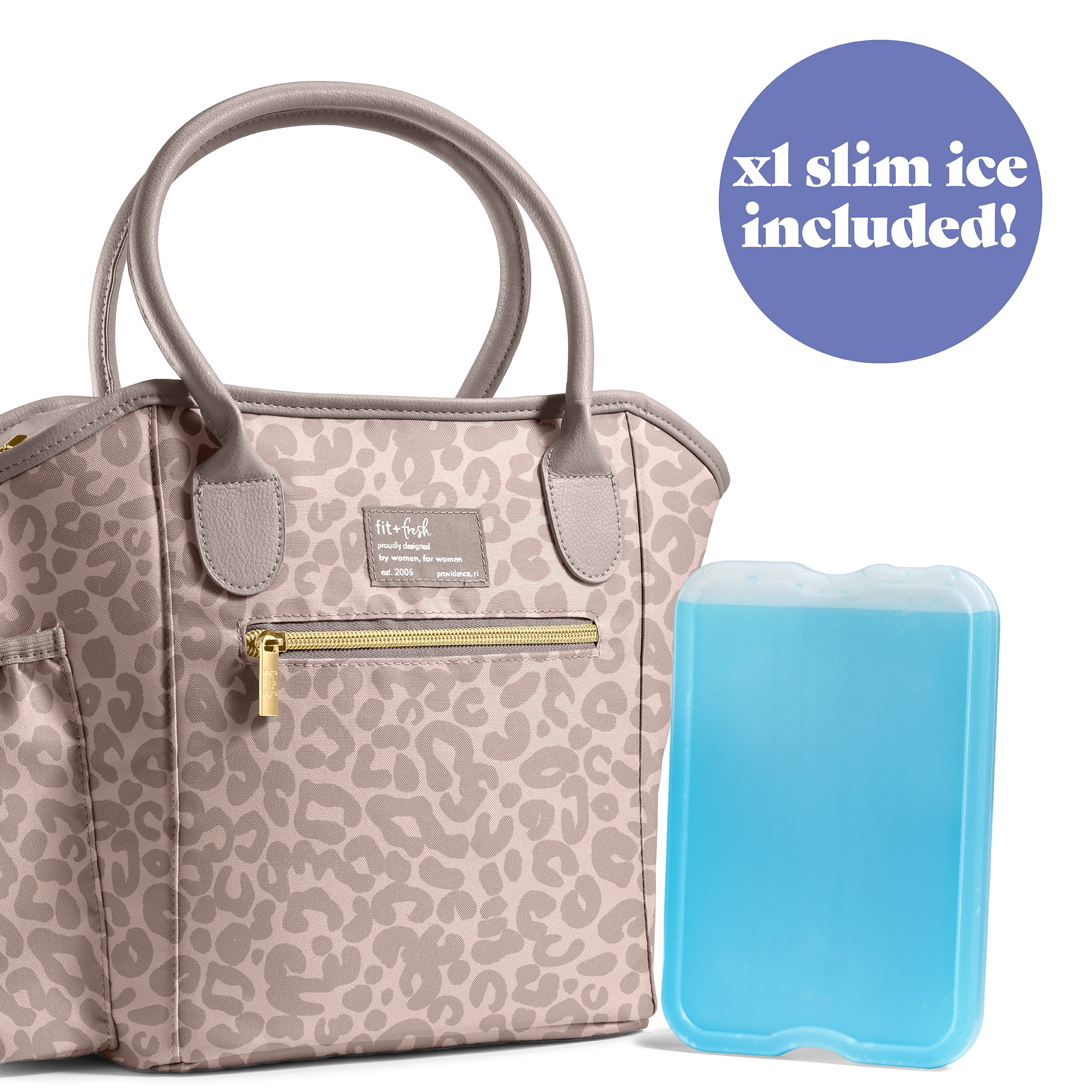 Fit & Fresh Beechwood Lunch Bag for Women, includes XL Slim Ice Pack, Light Brown Leopard Print
