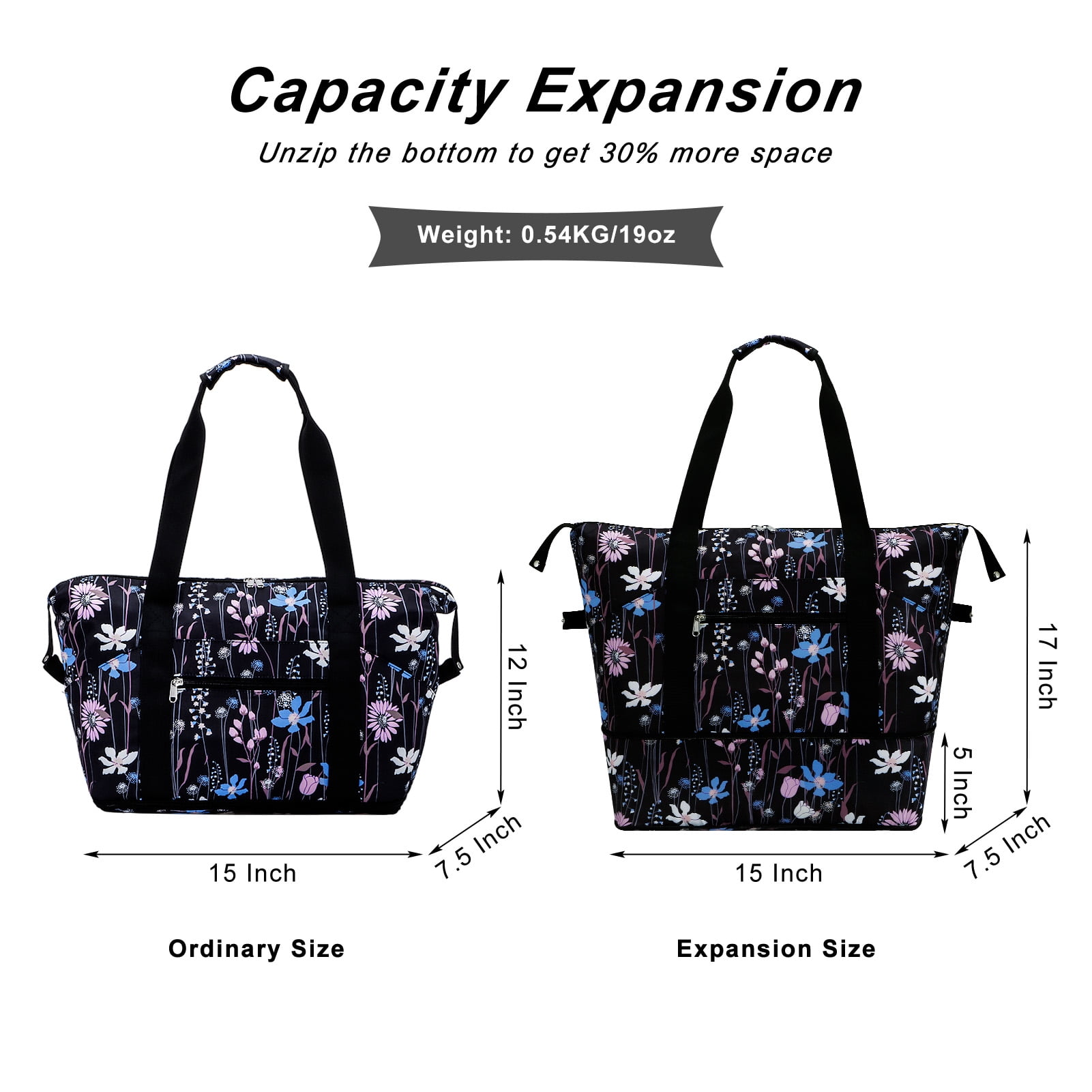 HAWEE Expandable Duffel Bag for Women with Trolley Sleeve and Wet Pocket Water Repellent Weekender Travel Tote Large Capacity Carry On Overnight Luggage for Gym/ Trip/ Camping/ Beach, Dreamy Flower