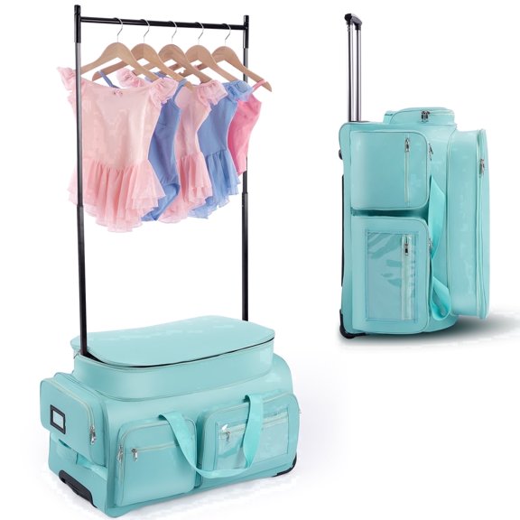 Dance Bag with Garment Rack,28" Teal Dance Bag with Rack Dance Costumes Rolling Garment Bags For Travel, Garment Duffle Bag For Dance Competition Travel Bag with Garment Rack Cyan