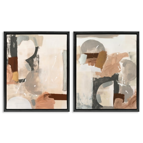 Stupell Industries Abstract Neutral Shapes Brown Abstract Painting Black Floater Framed Canvas Art Print Wall Art, 17 x 21, Set of 2