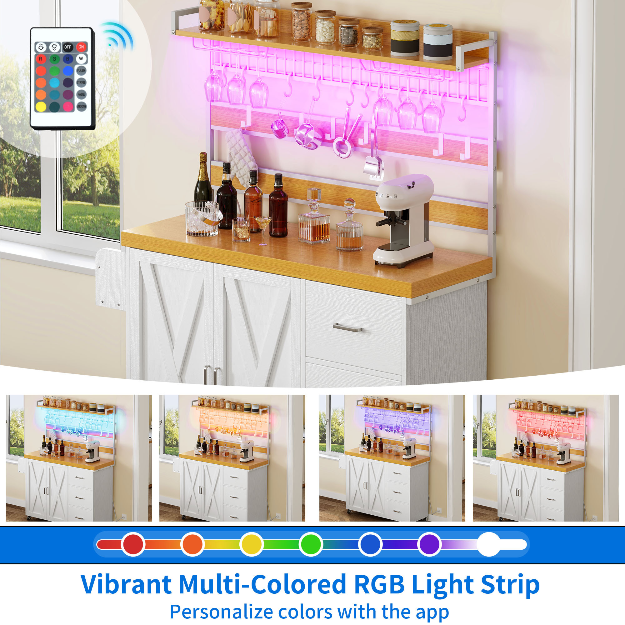 Uforic Kitchen Island with Drawers & Storage Rack, Kitchen Storage Cart with Doors & Hooks, White