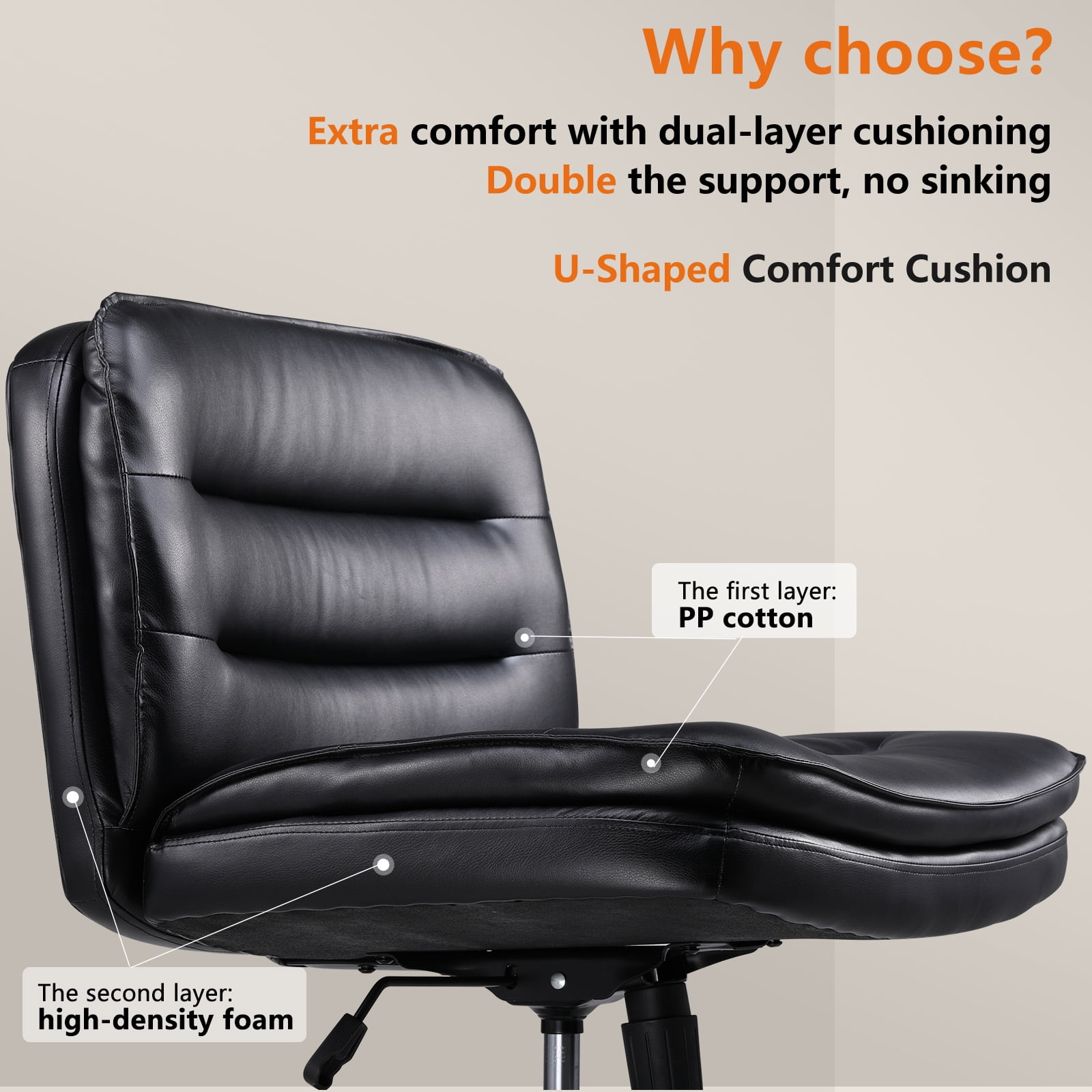 COMHOMA Armless Office Desk Chair, Criss Cross Swivel Chair with Wheels, Wide Seat Adult Vanity Chair for Home Office , Black