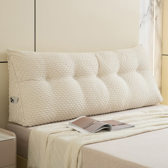 Lovote Triangular Headboard Pillow with Side Pockets, Bed Rest Reading Pillow, Removable & Washable Cover, Wheat Ear Velvet Texture Daybed Wedge Pillow for Twin Beds