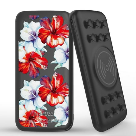 

INFUZE Qi Wireless Portable Charger for Samsung Galaxy A52 5G External Battery (12000 mAh 18W Power Delivery USB-C/USB-A 3.0 Ports Suction Cups) with Touch Tool - White & Red Flowers