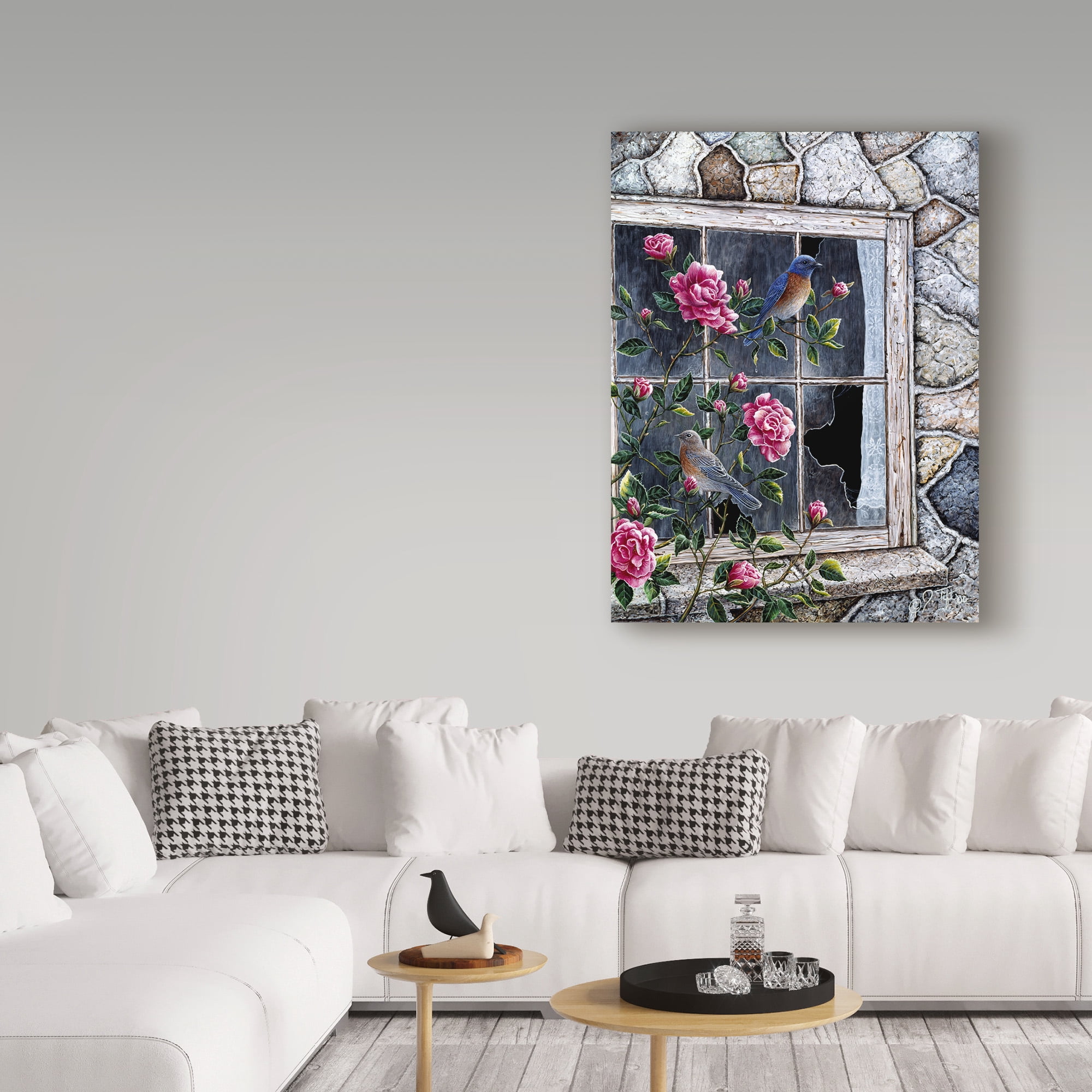 Trademark Fine Art 'Bluebirds In Window' Canvas Art by Jeff Tift
