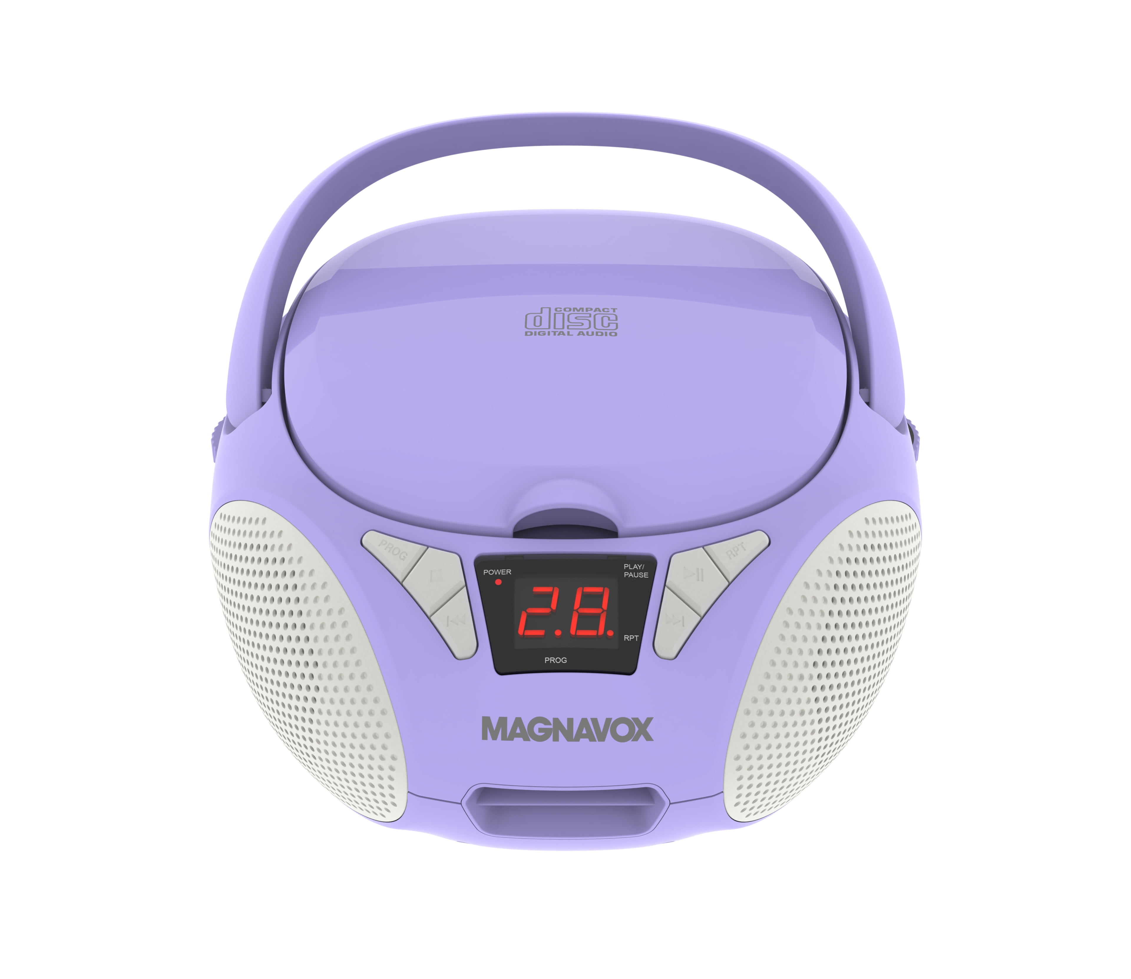 Magnavox Portable CD Boombox with FM Stereo Radio, Top-Loading CD Player, AUX Input, LED Display, AC/DC Power, Battery Operated Boombox, Purple