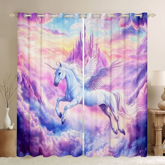 Homewish Cute Cartoon Unicorn Black Out Curtains,Dreamy Princess Castle Curtains Pack of 2 (42x63 Each),Pink Purple Bedroom Curtains For Girls Kids,Ultra Soft Home Decor