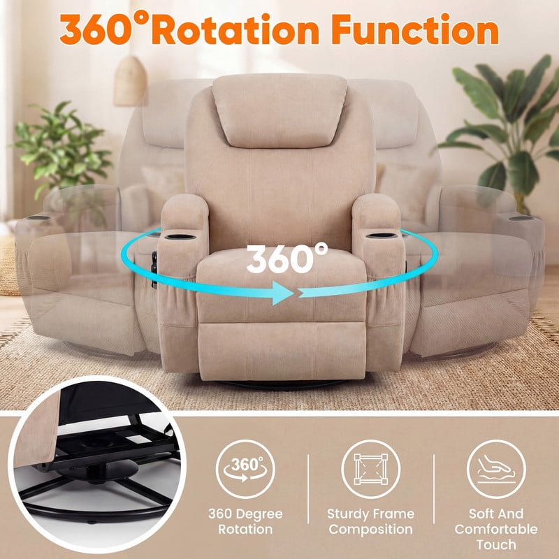 Vineego Massage Swivel Rocker Recliner with PU Leather Fabric Small Spaces Lounge Chair with Two Cup Holder for Bed Room,Linen Beige