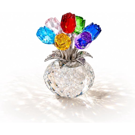 7 Crystal Roses in Vase, Eternal Glass Rose Flower Figurines Gifts for Women, Beautiful Floral Collectible Ornament Desk Home Decor for Women Mom Wife Anniversary Wedding Valentine's Day