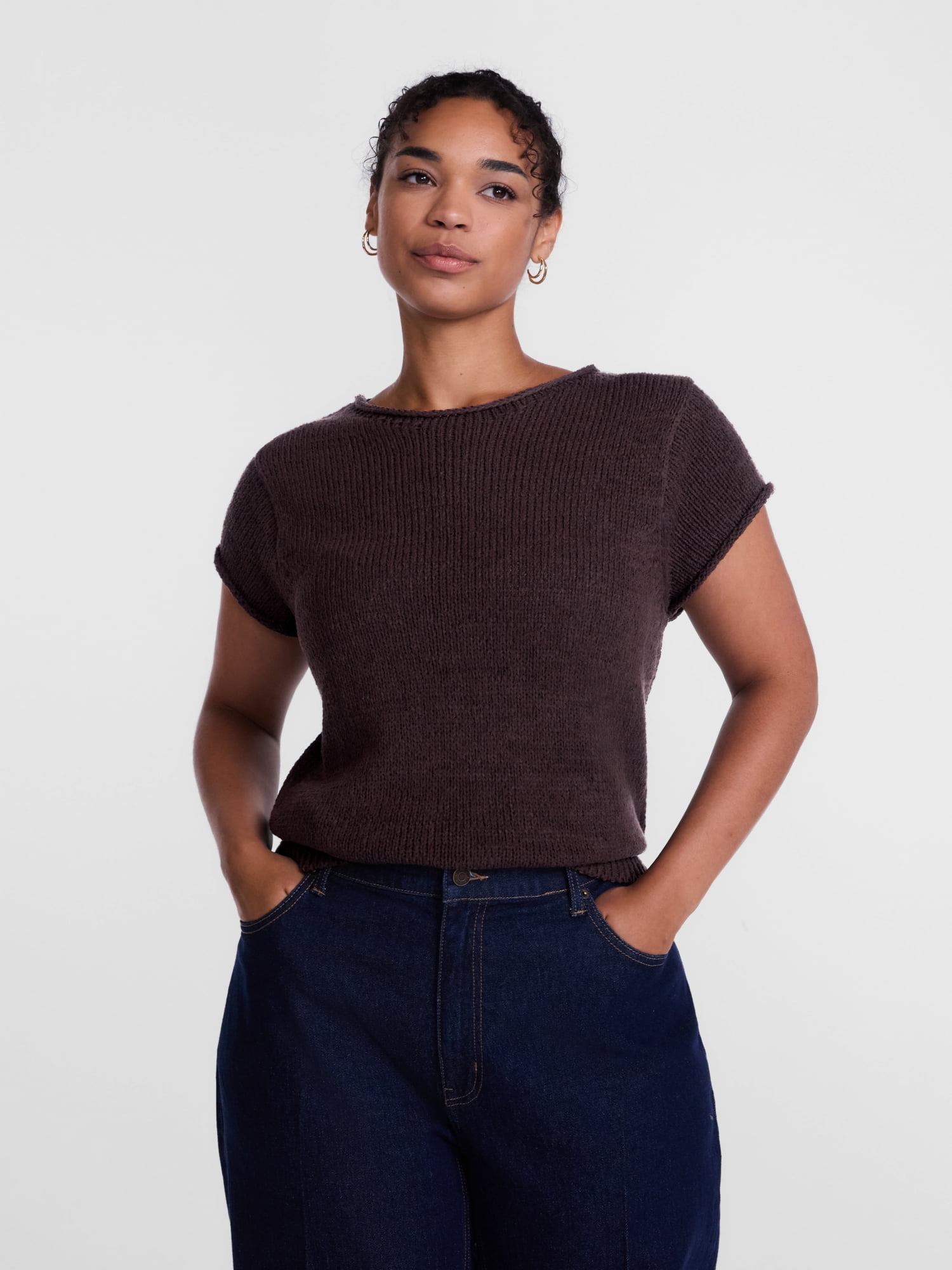 Scenario Women's and Women's Plus Pullover Rollneck Lightweight Sweater with Short Sleeves, Sizes XS-4X