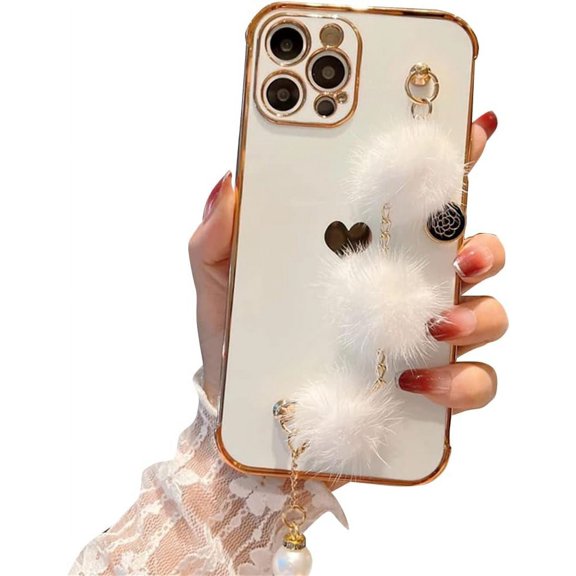 Compatible with iPhone Case,Cute Lovely Heart Pattern Plush Wristband Strap Bracelet Chain Electroplated Bumper Soft Shockproof Cover Phone Case (White,iPhone 12 Pro Max)