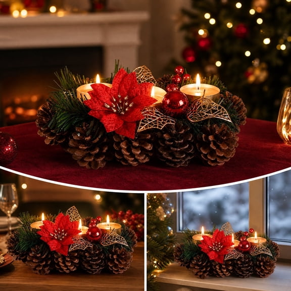Three Candle Christmas Centerpiece Holder, Pinecone Tabletop Stand with Winter Berries & Evergreen Foliage, Holiday Candle Display for Dining Table, Mantel, Shelf & Living Room Decor