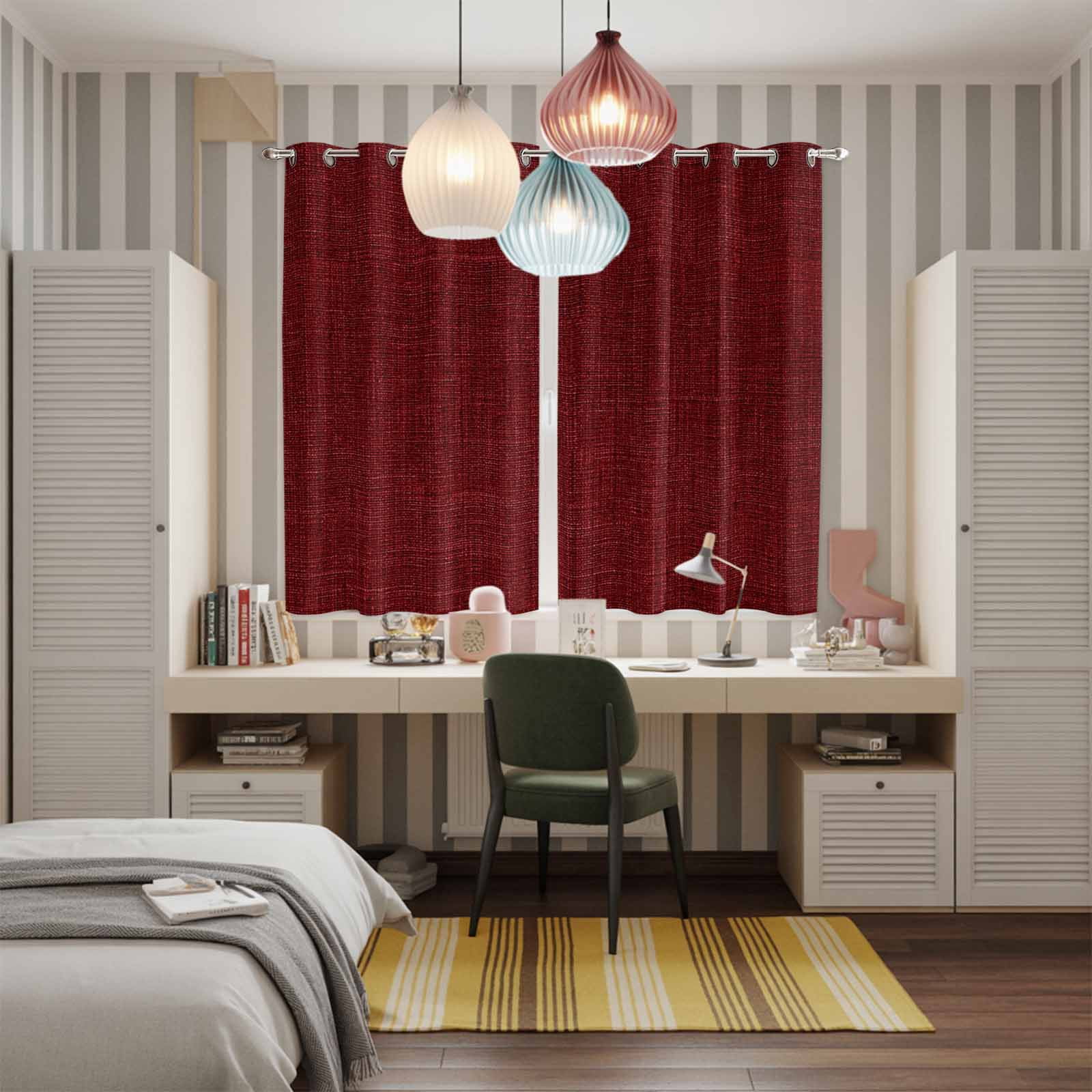 Curtains 63 Inch Length 2 Panels, Vintage Dark Red Grommets Window Treatment Curtain, Farmhouse Retro Solid Color Linen Texture Thermal Curtains Drapes for Living Room/Bathroom