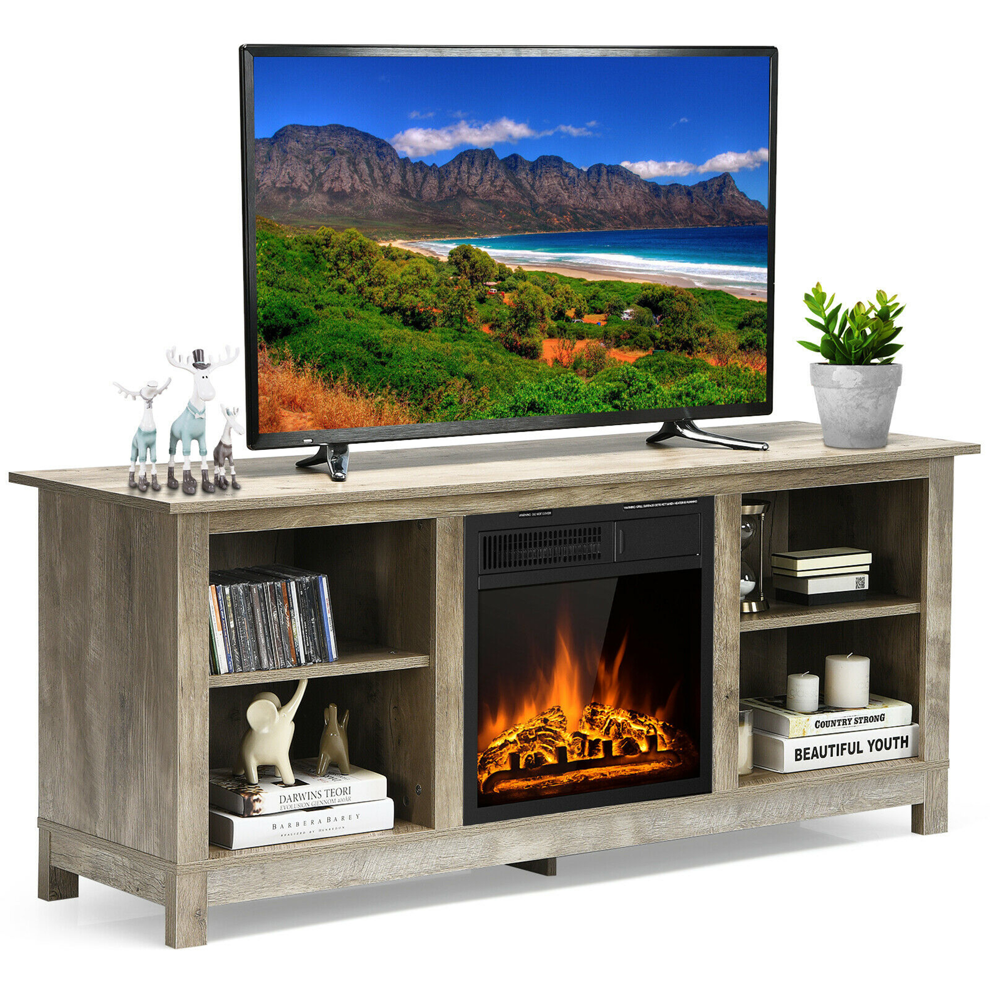 Gymax 58" 2Tier Fireplace TV Stand with 18" 1500W Electric Fireplace