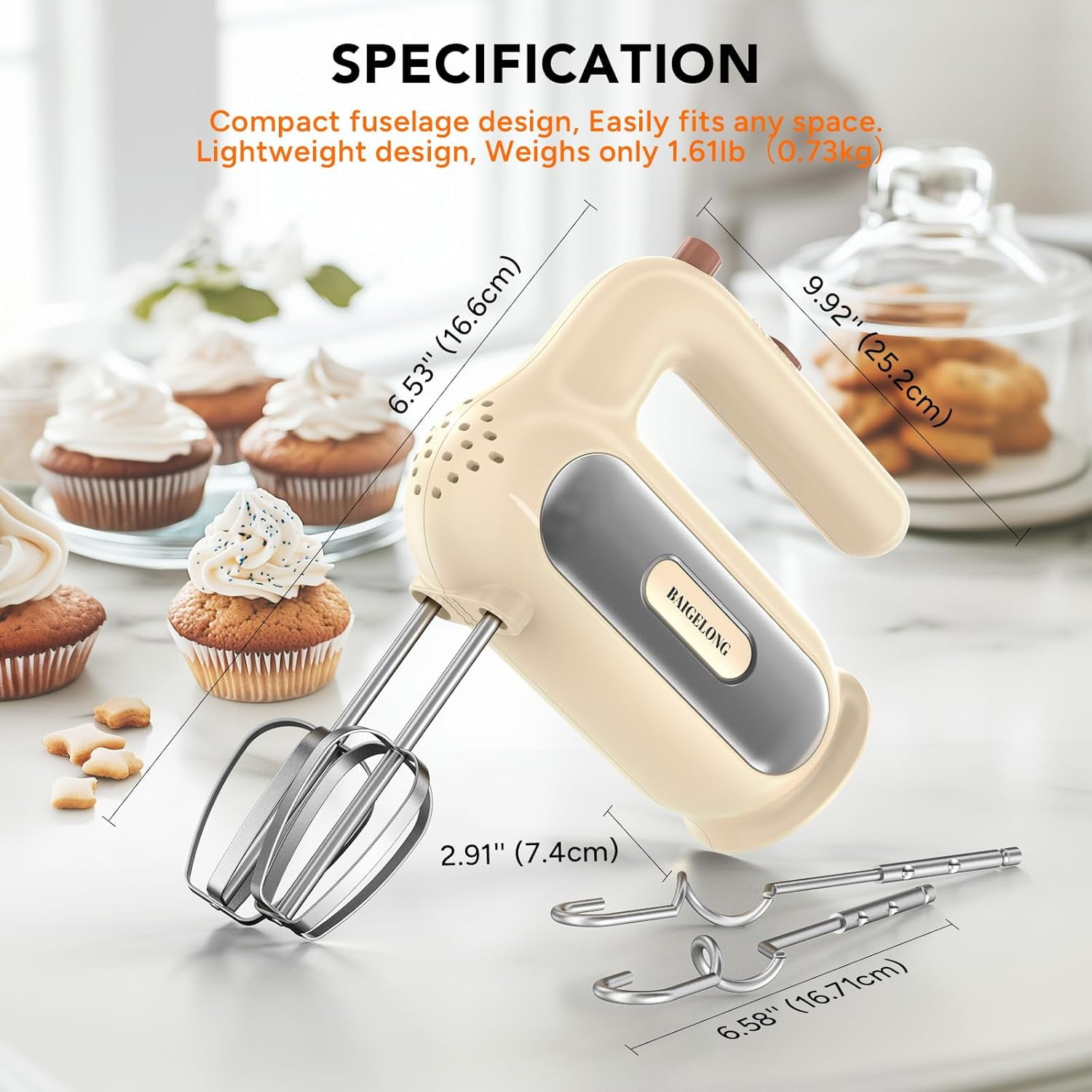 Hand Mixer Electric, 5-Speed Small Handheld Mixer, 2* (Dough Hooks & Beaters) Food Blender, Kitchen Blender for Baking, Cream, Cookies, 304 Dishwasher Safe