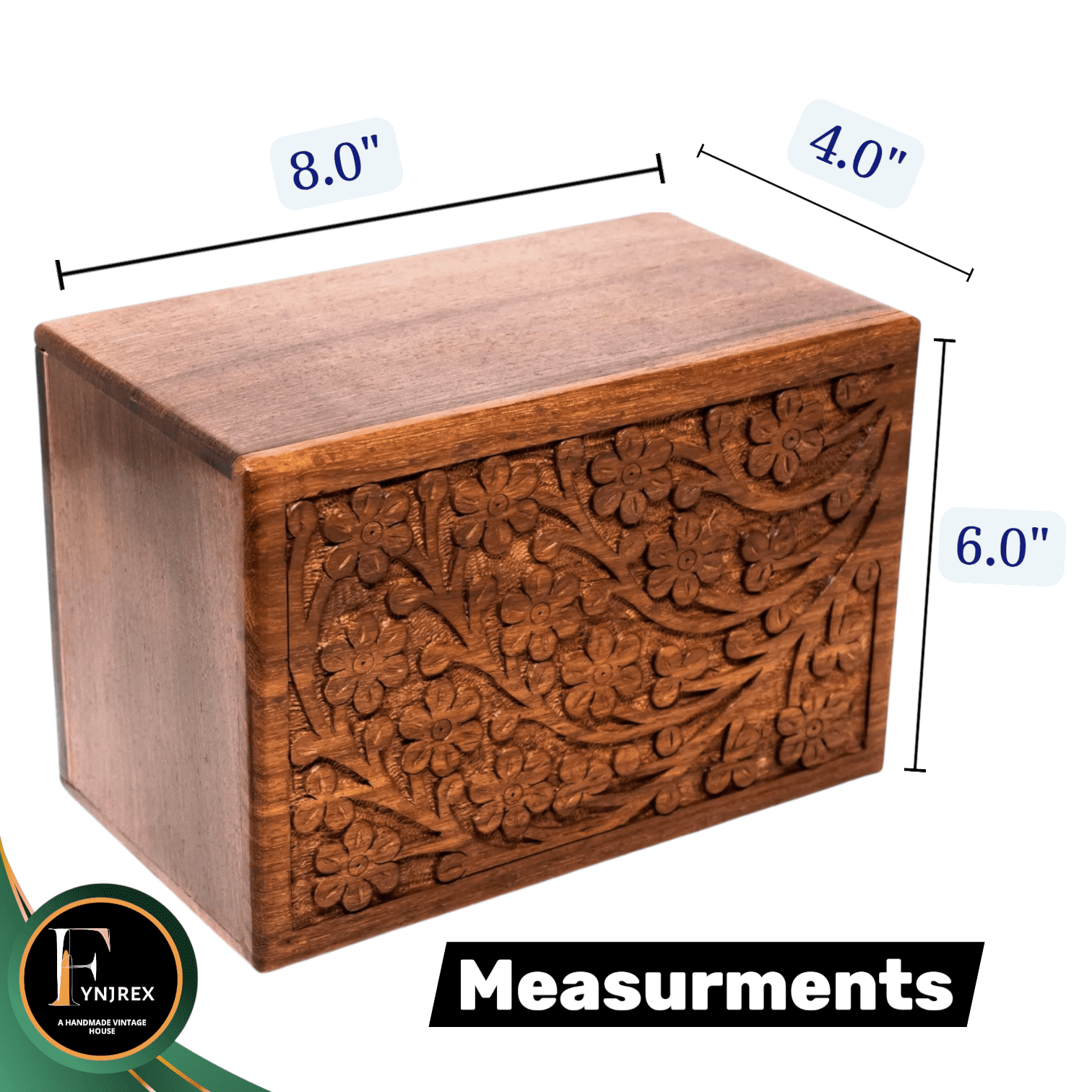 Handcrafted Wooden Cremation Urn for Human Ashes – Large Rosewood Memorial Box with Floral Carving, Keepsake Funeral Urn for Men and Women