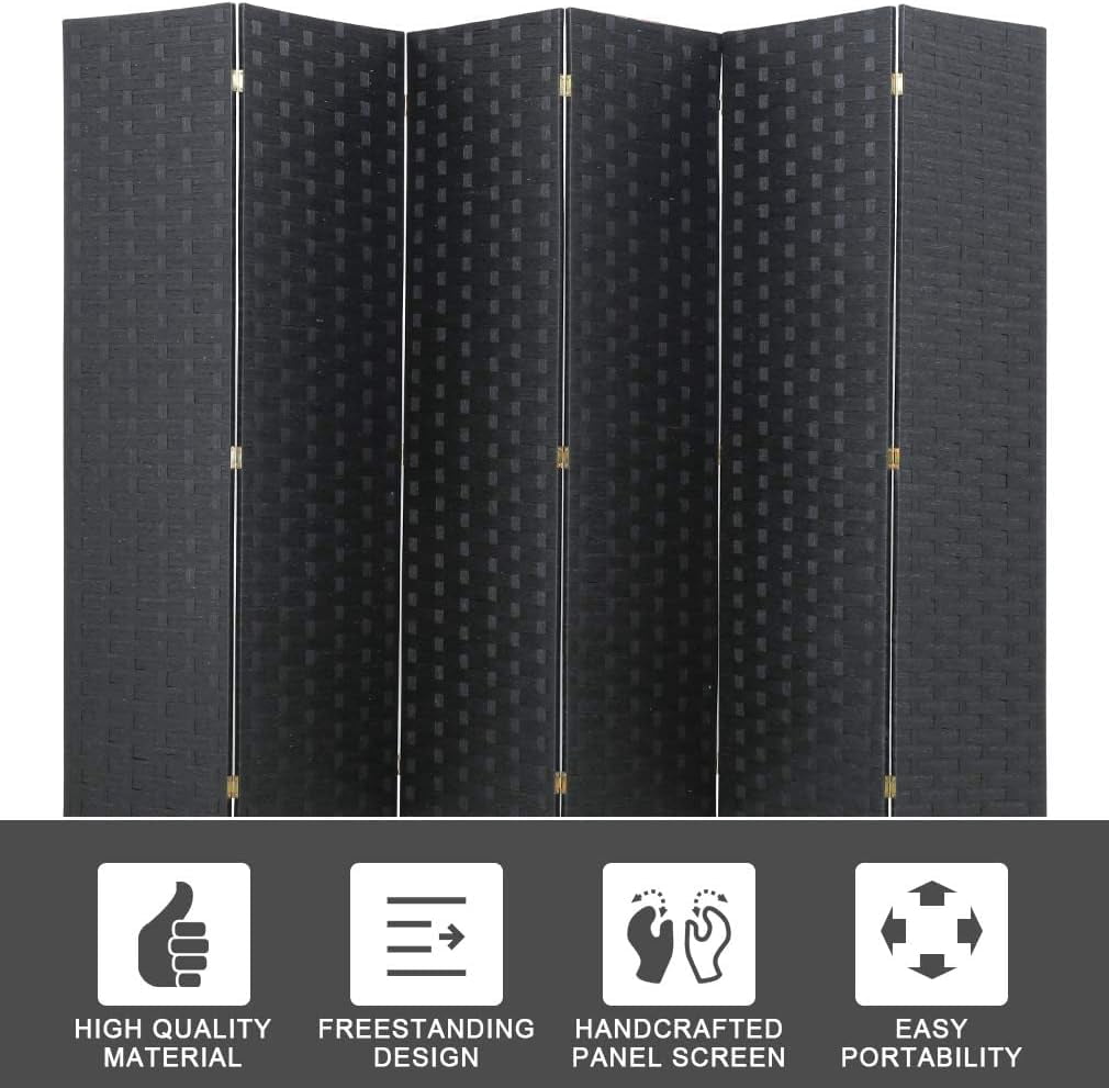 Dkelincs Wood Room Dividers 6 Panels Portable Folding Partition Screen Wood Mesh Woven Design Wall Divider(Black)