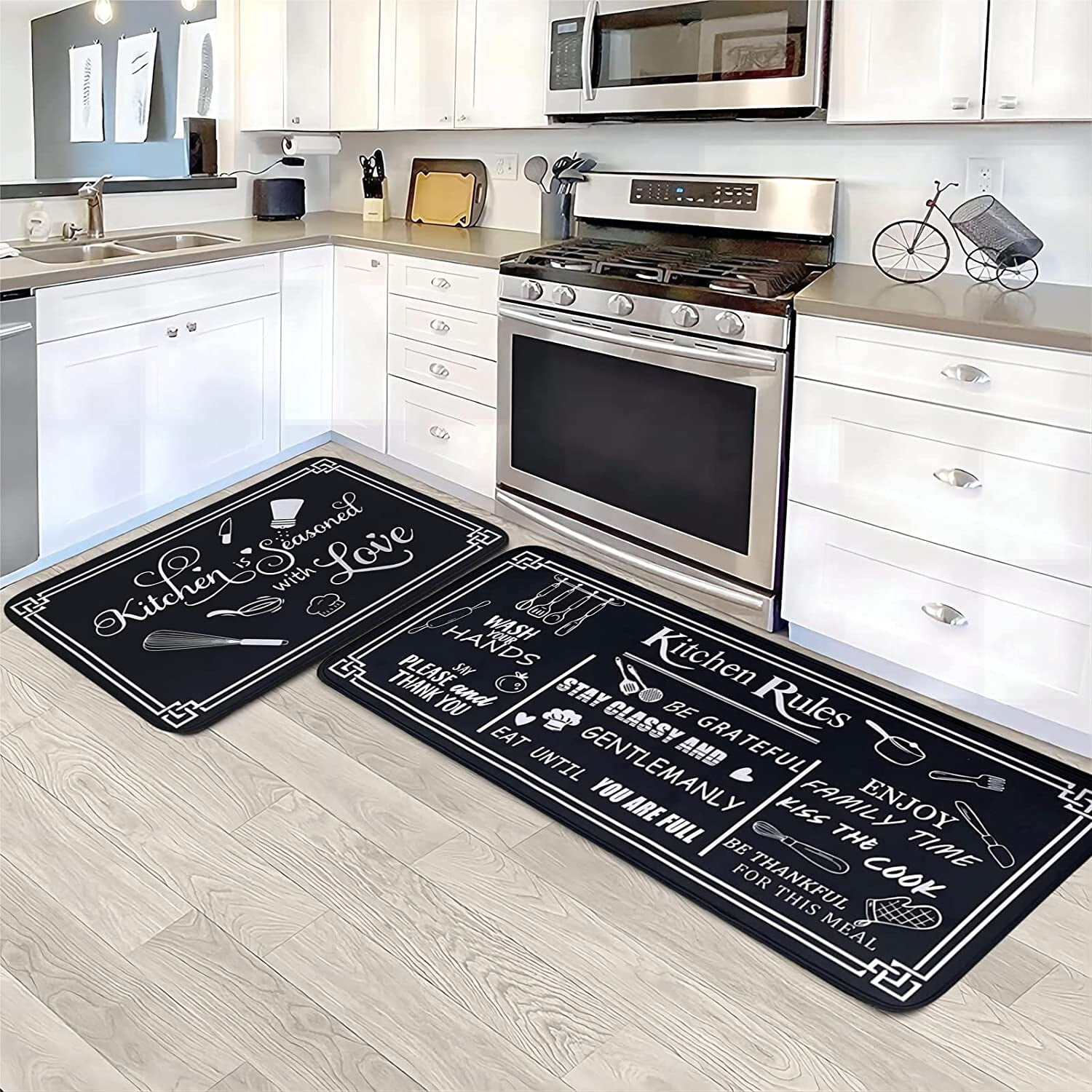 Black and White Kitchen Rug Set of 2, NonSlip and Absorbent Floor Mats