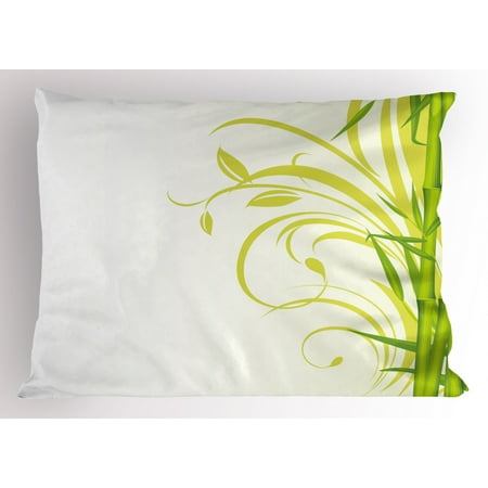 Green Pillow Sham Bamboo With Artistic Floral Curly Leaves Asian