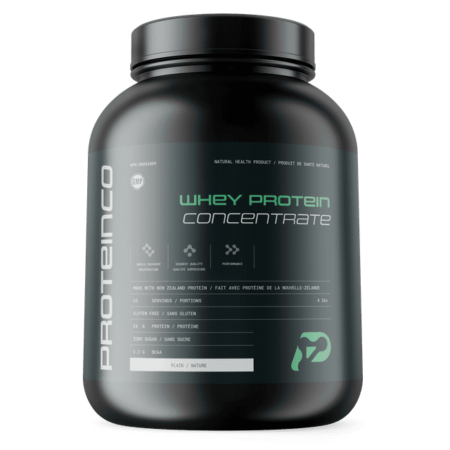 ProteinCo Whey Protein made with New Zealand grass-fed whey, unflavored, in a 4lb black container. The label highlights 23g of protein per serving, zero sugar, gluten-free, and 5.3g of BCAA for muscle recovery, dietary supplementation, and performance.