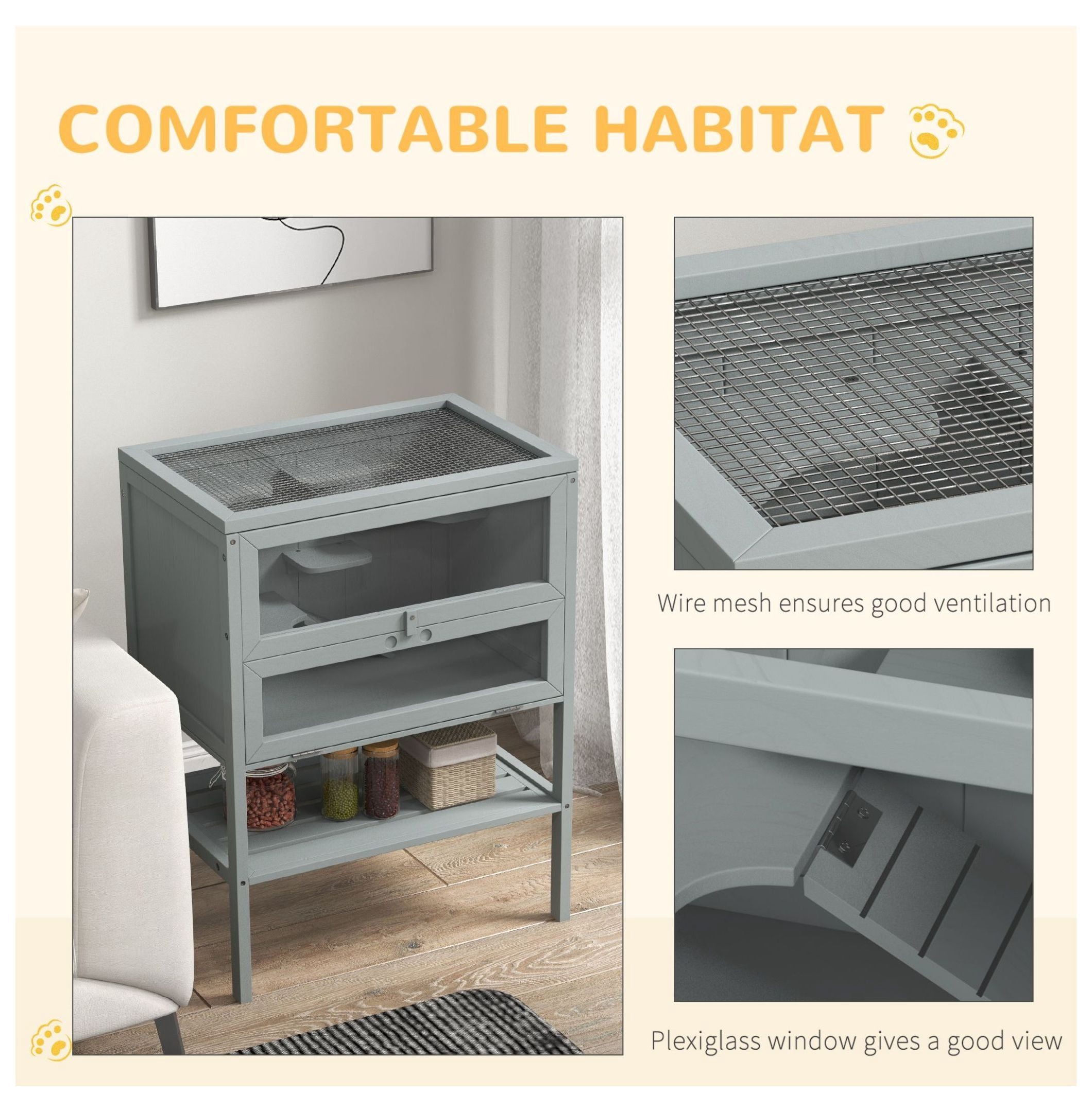 3-Tier Wooden Large Hamster Cage, Mice and Rat Cage Small Animals Hutch with Openable Top, Front Door, , Gray
