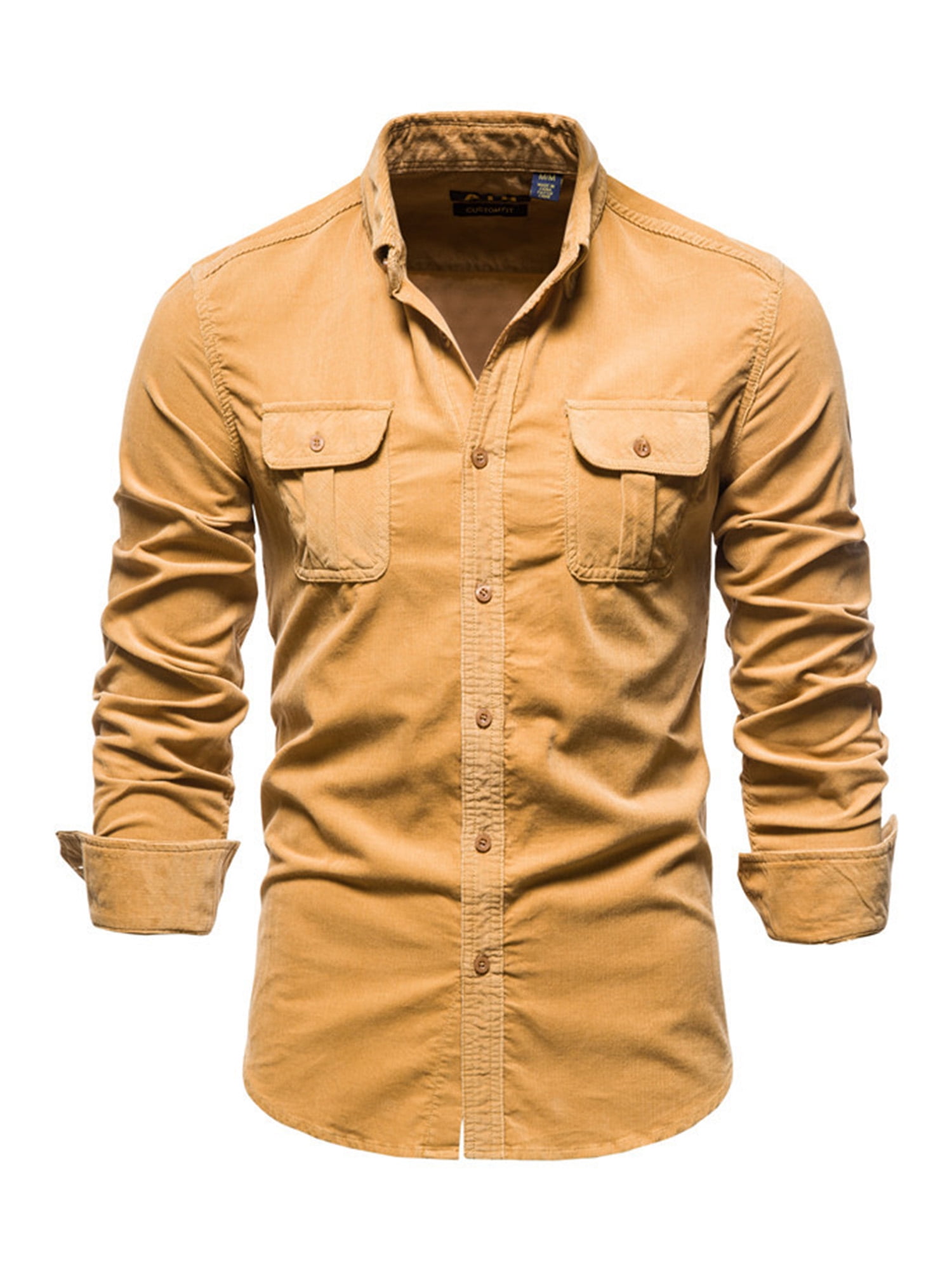 Men's Long Sleeve Patchwork Cargo Shirt Casual Button Down Slim Fit Formal Tops