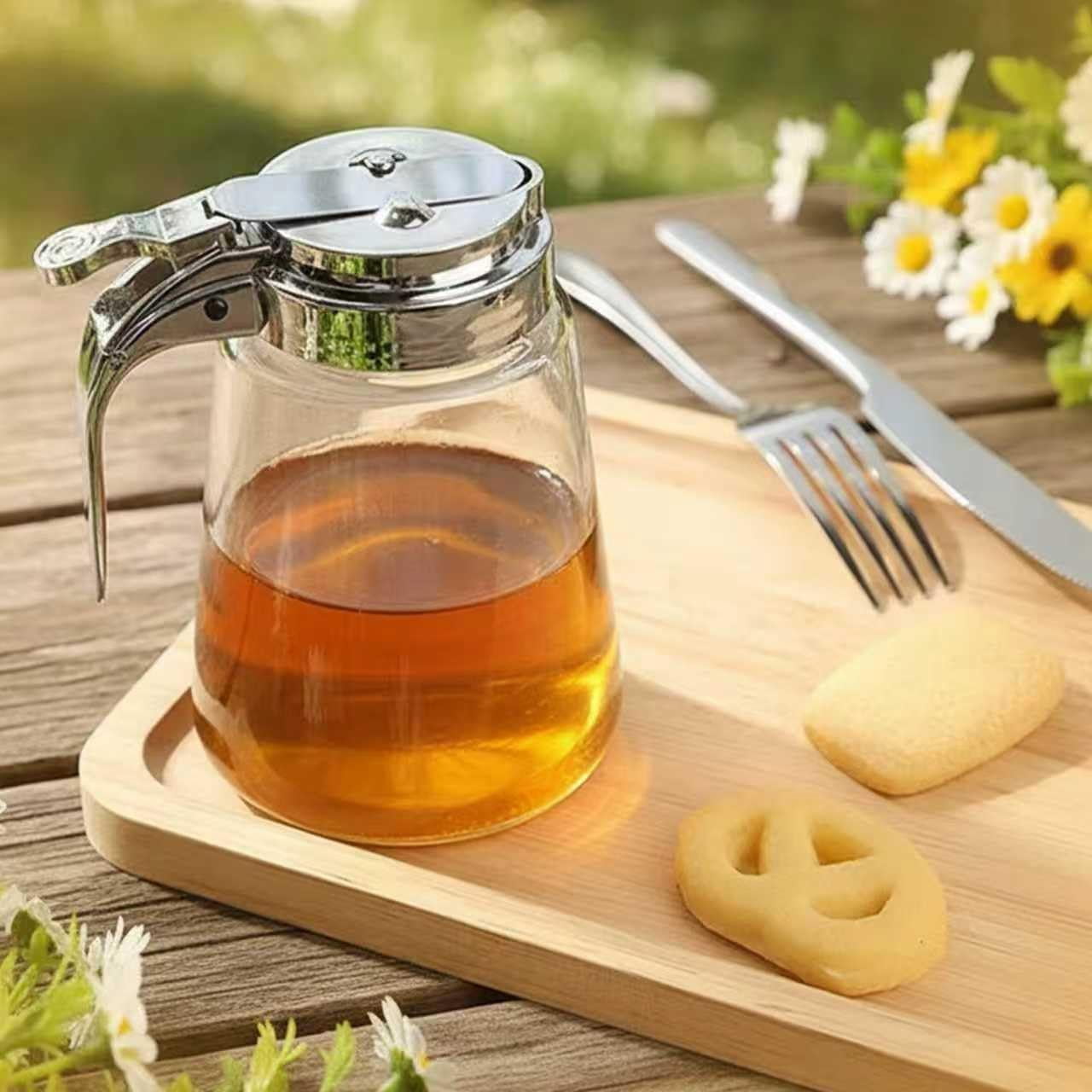 Elegant Glass Syrup Dispenser Jar with No-Drip Pump, for Honey and Maple, 10oz