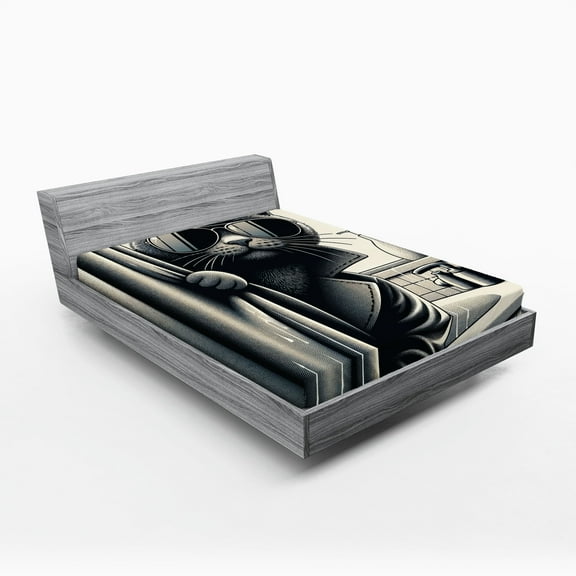 Ambesonne Cat Fitted Sheet, Cool Detective Kitty Monochrome, California King, Dark Grey Pale Sepia
