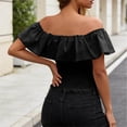 thumbnail image 6 of LEKWK Off the Shoulder Tops for Women Ruffle Short Sleeve Smocked Peasant Blouses Slim Fit Going Out Crop Tops Summer Fashion Beach Vacation Daily Outfits, 6 of 7