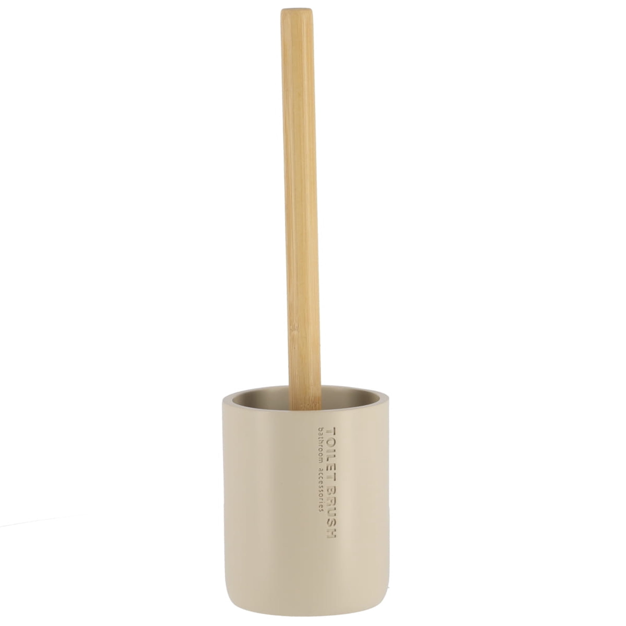 Stylish Matte Beige Toilet Brush and Holder Set with Natural Bamboo Handle - Polyresin Bathroom Cleaning Solution