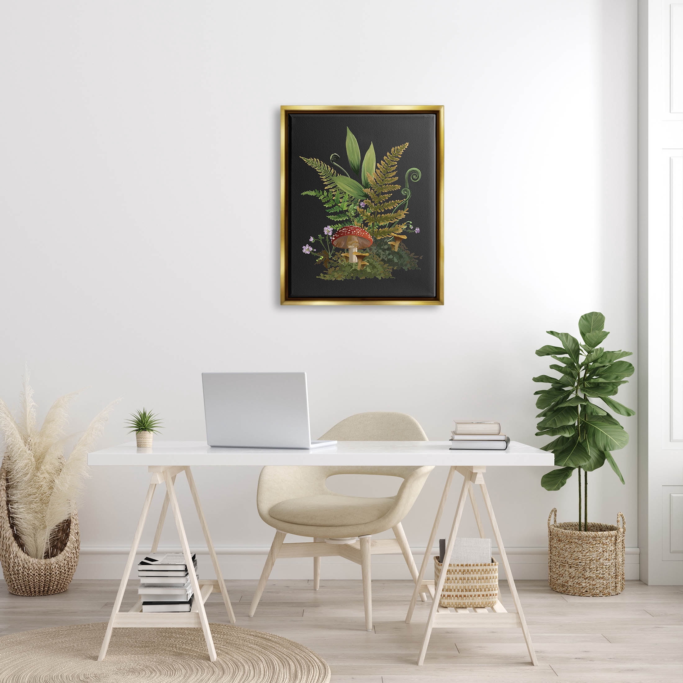 Ferns Sprouting Woodland Mushroom Plants Botanical & Floral Graphic Art Metallic Gold Framed Art Print Wall Art