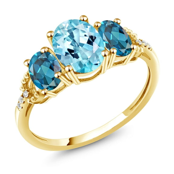 Gem Stone King 2.44 Ct Oval Blue Apatite London Blue Topaz 10K Yellow Gold Ring (Size 6)
