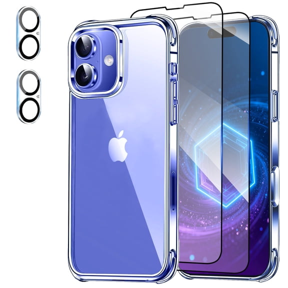 5 in 1 Set iPhone 16 - 6.1", 1 Phone Case   2 Screen Protector   2 Camera Lens Protector, Shockproof Drop HD Tempered Glass and Non-Yellowing Transparent Case for iPhone 16