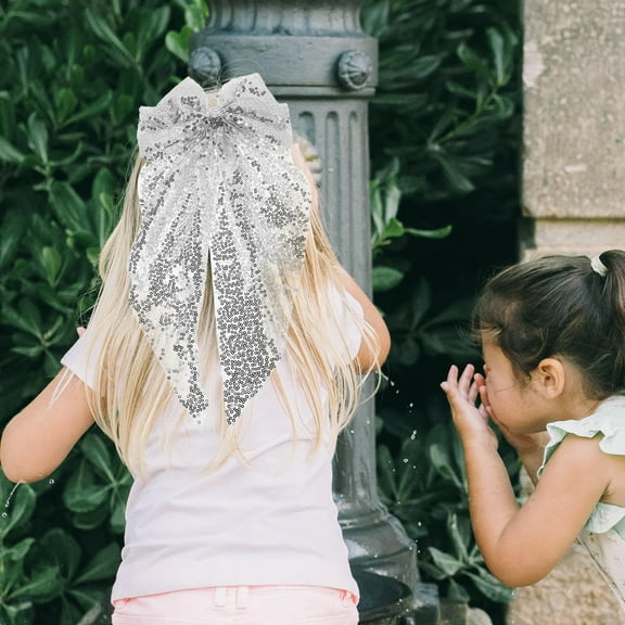 HEANUJJ Sequin Bow Hair Clip Silver Oversized Bow for Special Occasions 1Pack