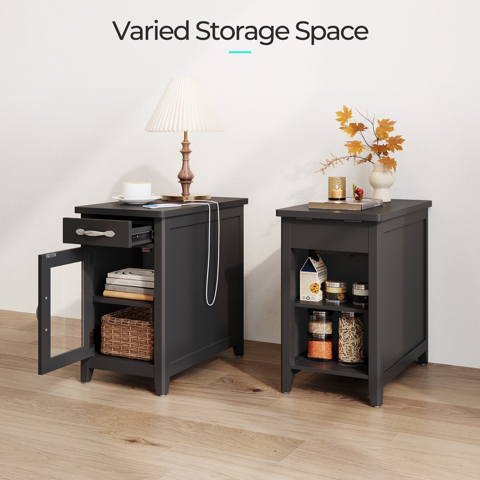 Linsy Home Farmhouse Nightstands for Bedroom Set of 2, End Tables with Usb Ports and Outlets, Black