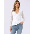 thumbnail image 3 of DARING DIVA Women's Lace Long Sleeve Fitted Cross Wrap Ruched V Neck Top M White, 3 of 5