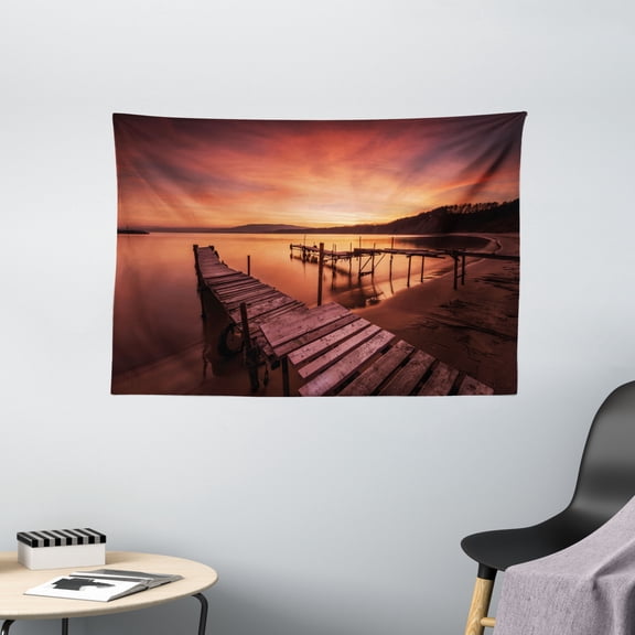 Scenery House Decor Tapestry, Old Rustic Pier on Beach and Romantic Tranquil Sky Pure Twilight Concept, Wall Hanging for Bedroom Living Room Dorm Decor, 60W X 40L Inches, Orange, by Ambesonne