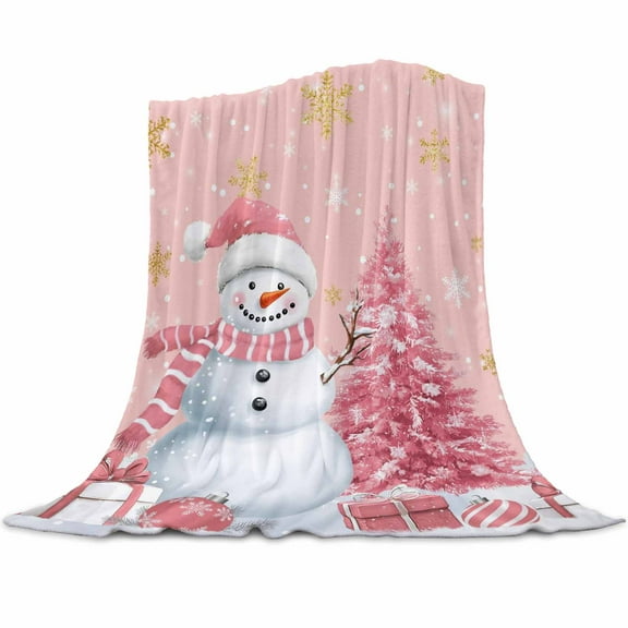 Christmas Snowman Flannel Blanket for Bed,Travel and Camping, Snowman Xmas Tree Snowflakes Winter Pink Super Soft Cozy Blanket for All Seasons 50" x 80"