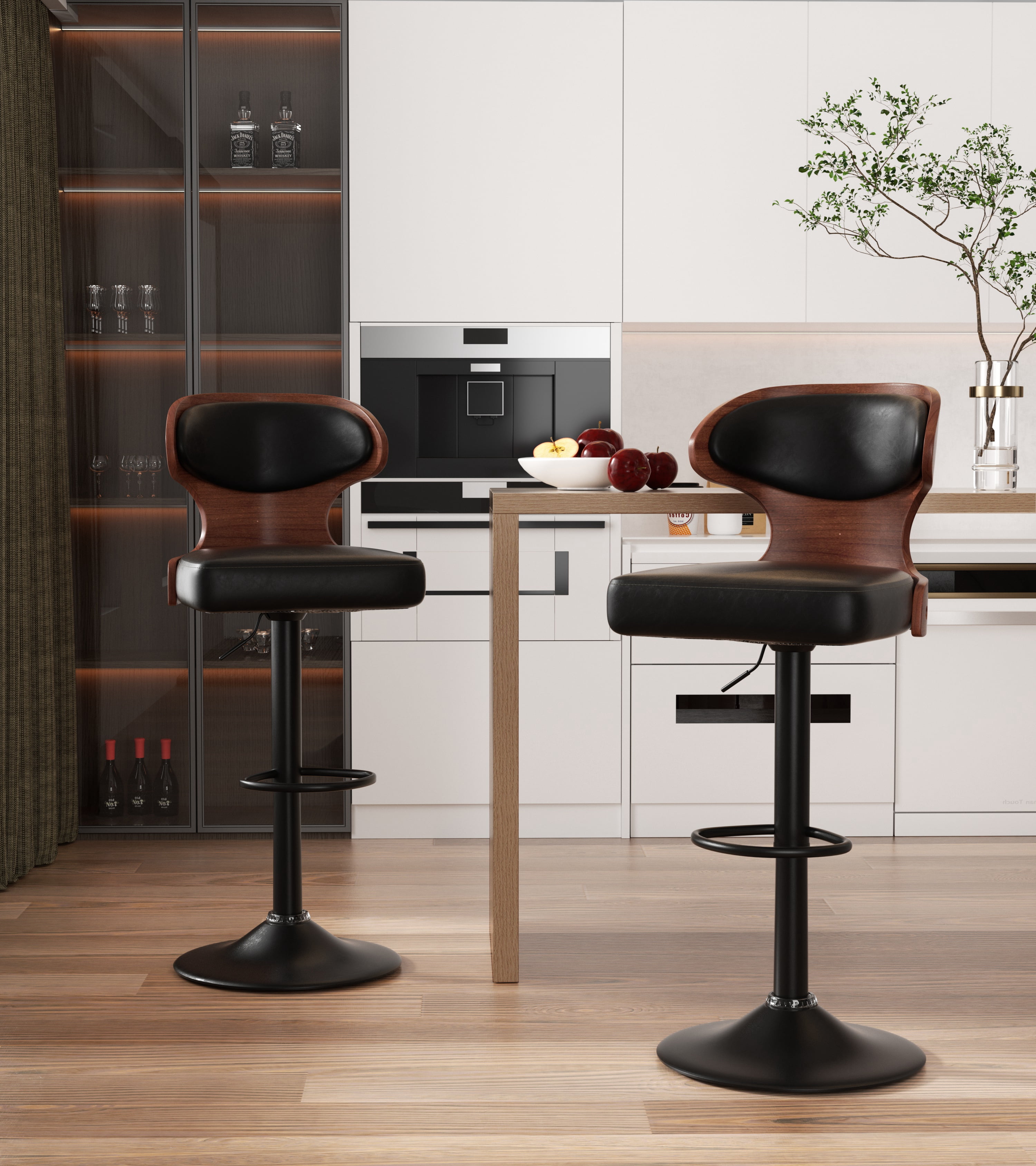 Hawsaiy Bar Stools Set of 1, Adjustable Height 24.5"-33.5", Bentwood Swivel Barstools with Back & Footrest, PU Leather Upholstered Bar Chairs for Kitchen Island, Dining Room, Home Bar