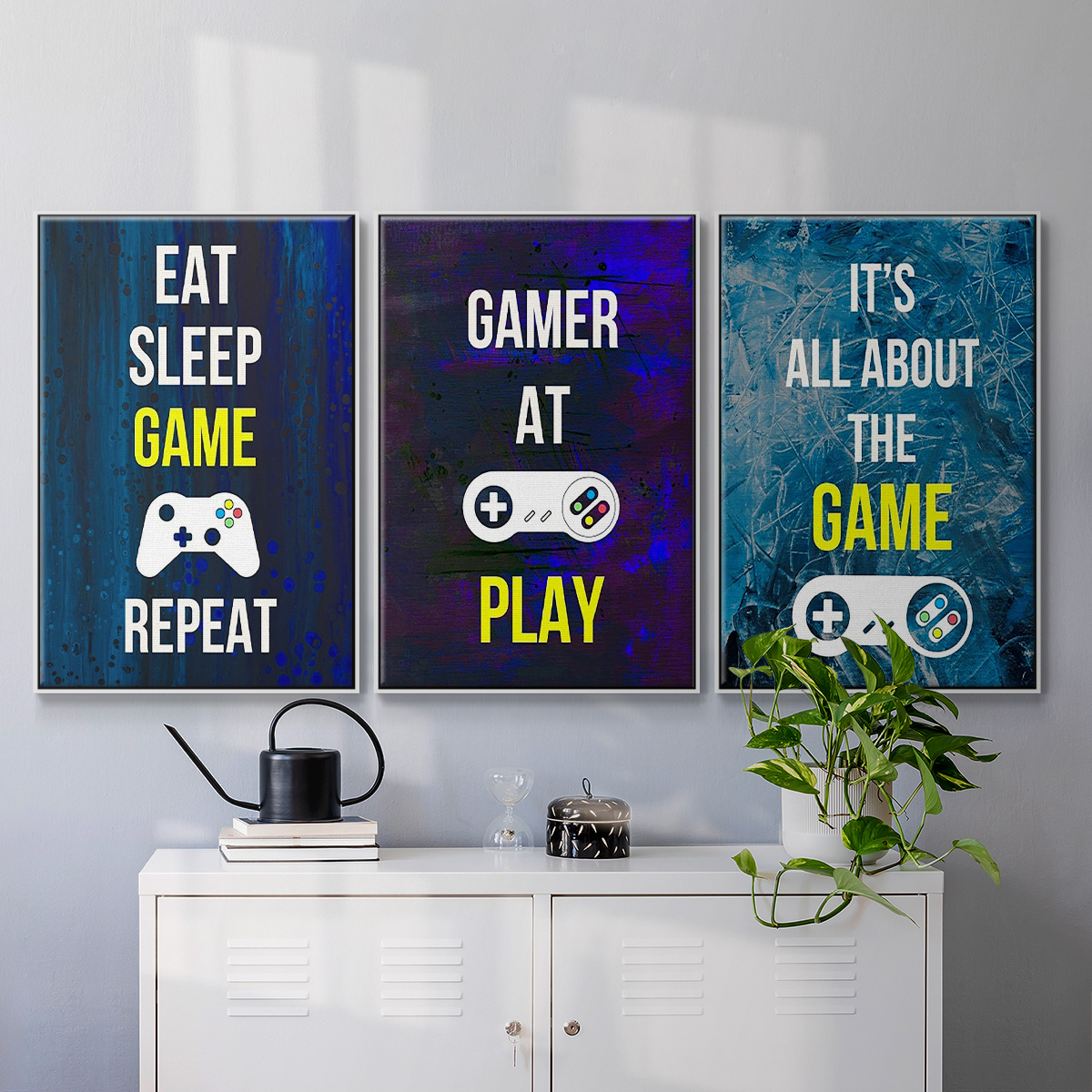 Gamer at Play IV - Framed Premium Gallery Wrapped Canvas L Frame 3 Piece Set - Ready to Hang