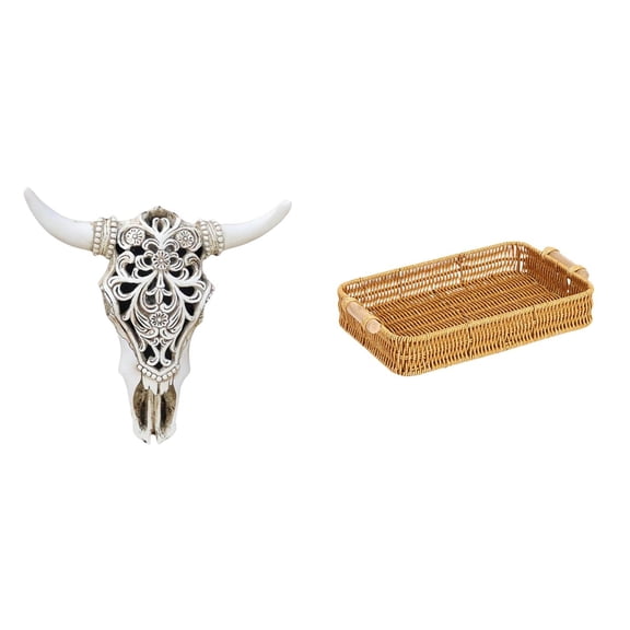 Skull Wall Sculpture Resin Cow Head Wall Decor Woven Storage Basket Lightweight Art for Home Office Kitchen