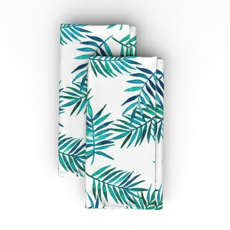 

Linen Cotton Canvas Dinner Napkins (Set of 2) - Paradise Palm Leaves Green Navy Teal White Watercolor Tropical Scattered Jungle Print Cloth Dinner Napkins by Spoonflower