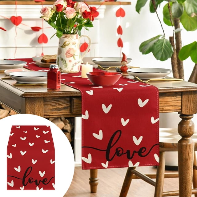 Boovnll Valentines Day Table Runner, 13x47" Valentine's Day Printing Table Runner, Valentines Table Runner for Holiday Kitchen Dining Table, Party Decor, Valentines Day Decorations