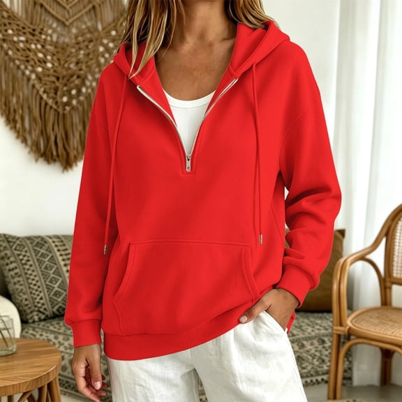 Hsovts Women Half Zipper Pullover Sweatshirt Long Sleeve Hoodies Kangaroo Pocket Fleece Basic Sweater Red 2xL