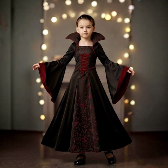 Virmaxy Girls Halloween Costume High Collar Lace Up Front Gothic Dress Long Bell Sleeve Floral Maxi Dress for Vampire Witch Party Sizes 3T 13Y, Wine