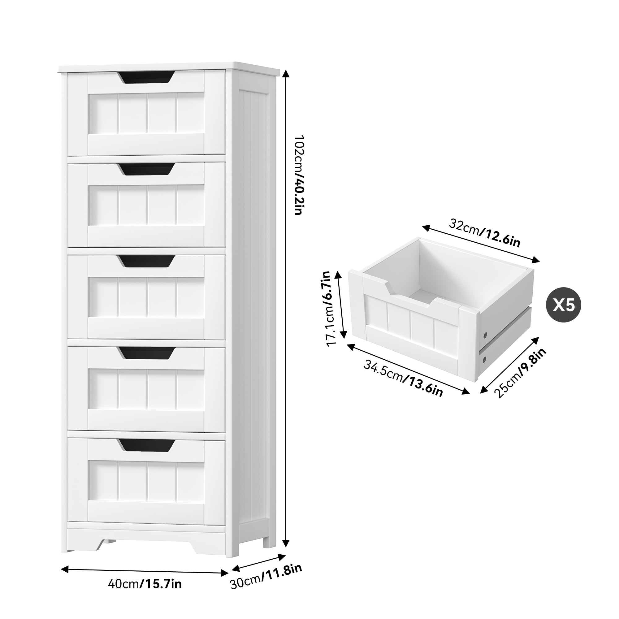 Homfa Modern Bathroom Cabinet, Free Standing Storage Cabinet with 5 Drawers Organizer Unit for Living Room Bedroom, White