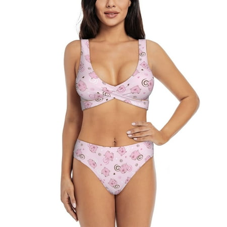 Zeuib Cute Pig High Waisted Tummy Control Bikini Set - Knot Front Push Up Top & Cheeky Thong Bottom  Two-Piece Swimsuit for Women-XX-Large