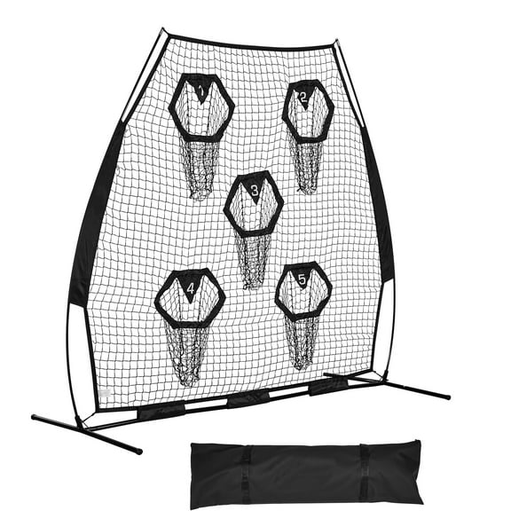 KFFKFF 7 x 7 ft Football Throwing Practice Net with 5 Target Pockets, Durable Knotless Design, Includes Straps and Carry Bag, Ideal for Quarterback Accuracy Training, Black