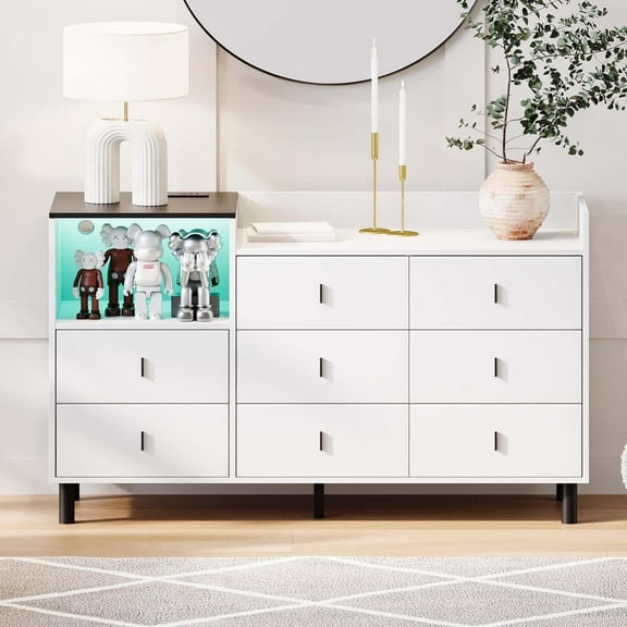 Dresser, Wooden Chest of Drawer for Bedroom, 8 Drawers Dresser with Charging Station, White